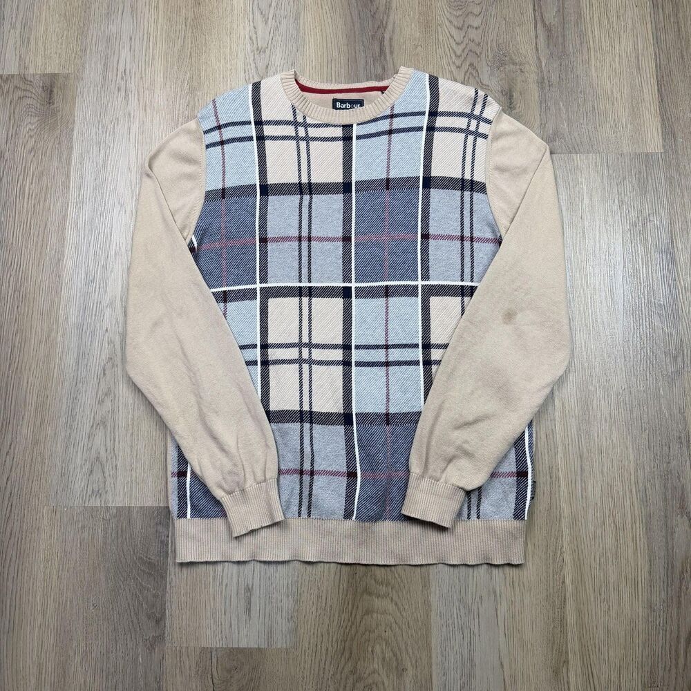 Barbour Sweater Mens Large Beige Plaid Dress Tartan Cotton Crewneck Pullover